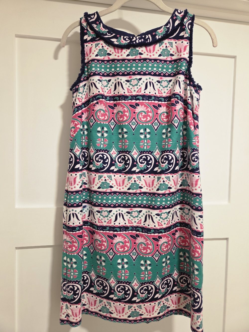 Talbots Shift Dress Vibrant Floral Stripe 2P Preppy Resort Summer Fringe